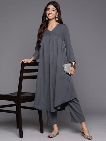 Grey Empire Gathered Details A-Line Kurta Paired With Tonal Bottom